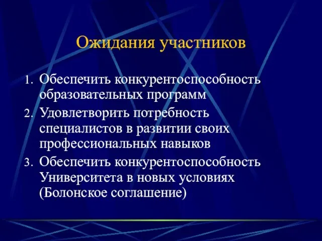 Ожидания участников Обеспечить конкурентоспособность образовательных программ Удовлетворить потребность специалистов в развитии своих