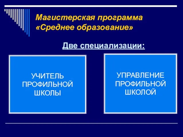 Магистерская программа «Среднее образование» Две специализации: УЧИТЕЛЬ ПРОФИЛЬНОЙ ШКОЛЫ УПРАВЛЕНИЕ ПРОФИЛЬНОЙ ШКОЛОЙ