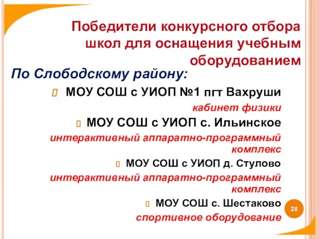 По Слободскому району: МОУ СОШ с УИОП №1 пгт Вахруши кабинет физики