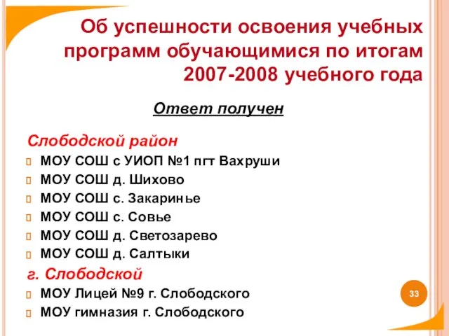 Ответ получен Слободской район МОУ СОШ с УИОП №1 пгт Вахруши МОУ