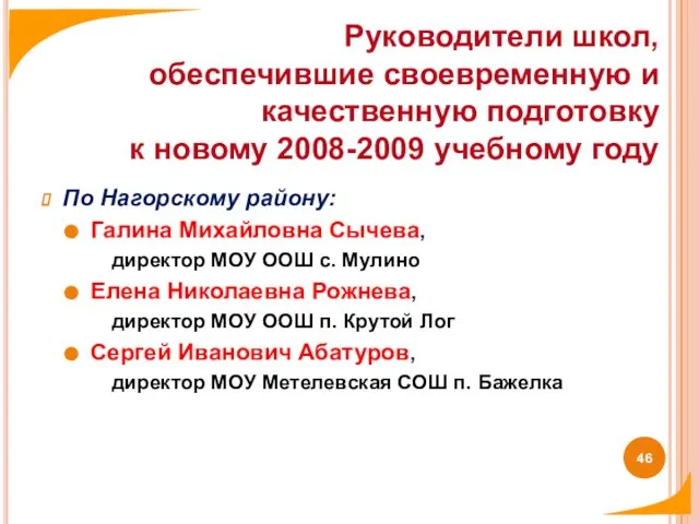 По Нагорскому району: Галина Михайловна Сычева, директор МОУ ООШ с. Мулино Елена