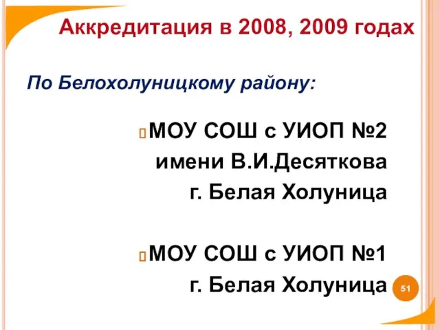 По Белохолуницкому району: МОУ СОШ с УИОП №2 имени В.И.Десяткова г. Белая