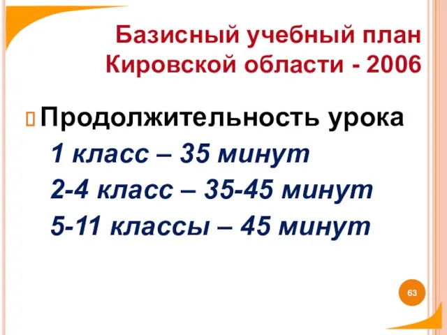 Продолжительность урока 1 класс – 35 минут 2-4 класс – 35-45 минут