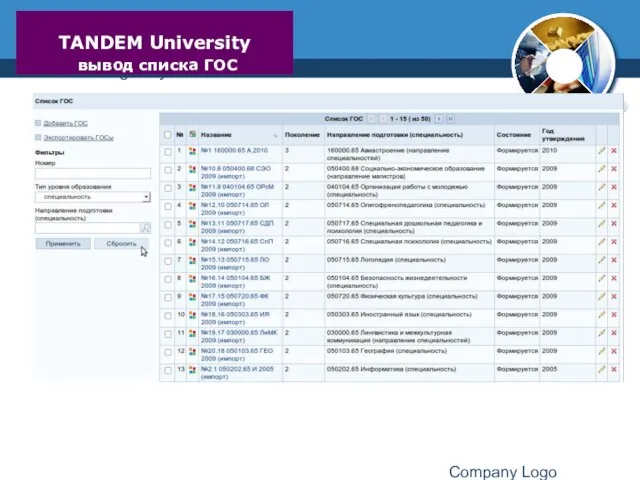 www.thmemgallery.com Company Logo TANDEM University вывод списка ГОС