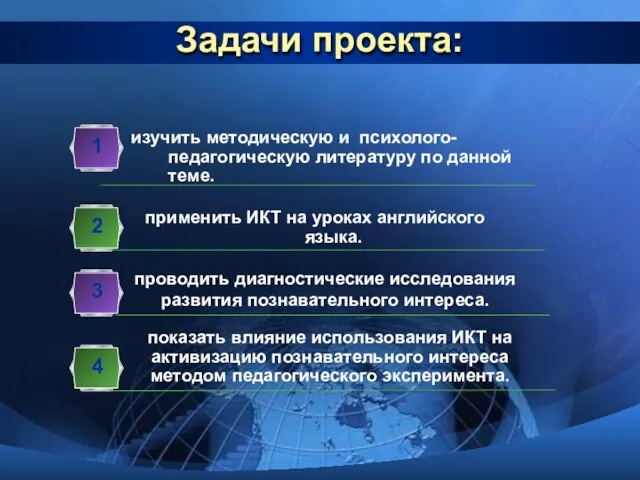 Задачи проекта: применить ИКТ на уроках английского языка. 2 проводить диагностические исследования