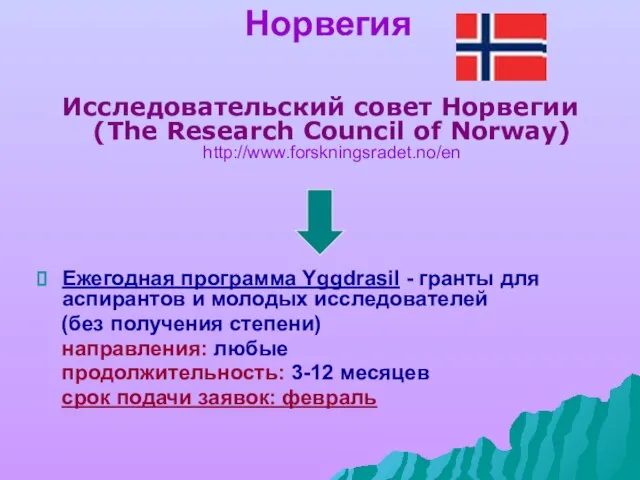Норвегия Исследовательский совет Норвегии (The Research Council of Norway) http://www.forskningsradet.no/en Ежегодная программа