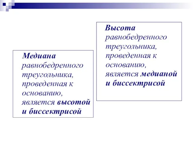 Медиана равнобедренного треугольника, проведенная к основанию, является высотой и биссектрисой Высота равнобедренного