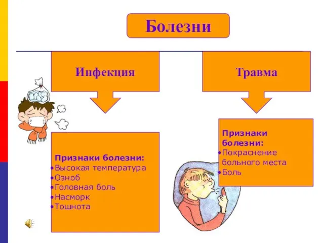 Травма Болезни Признаки болезни: Покраснение больного места Боль Инфекция Признаки болезни: Высокая