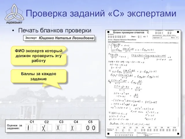 Проверка заданий «С» экспертами Печать бланков проверки Баллы за каждое задание ФИО