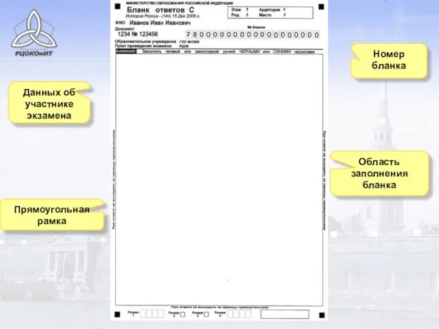 Номер бланка Данных об участнике экзамена Область заполнения бланка Прямоугольная рамка