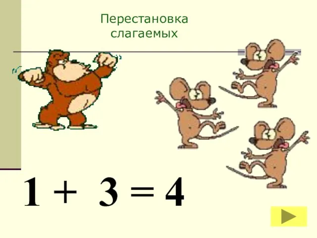 1 + 3 = 4 Перестановка слагаемых