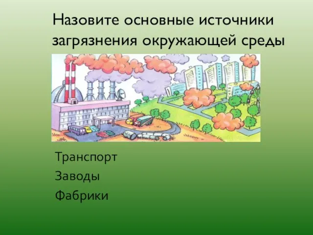 Назовите основные источники загрязнения окружающей среды Транспорт Заводы Фабрики