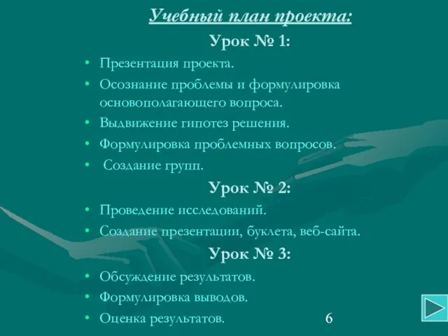 Учебный план проекта: Урок № 1: Презентация проекта. Осознание проблемы и формулировка