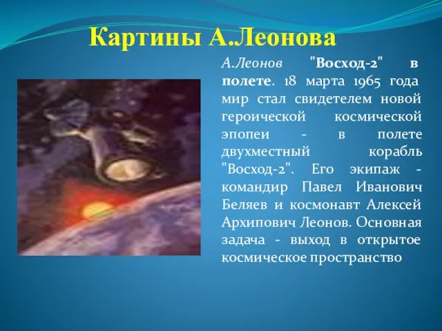 Картины А.Леонова А.Леонов "Восход-2" в полете. 18 марта 1965 года мир стал