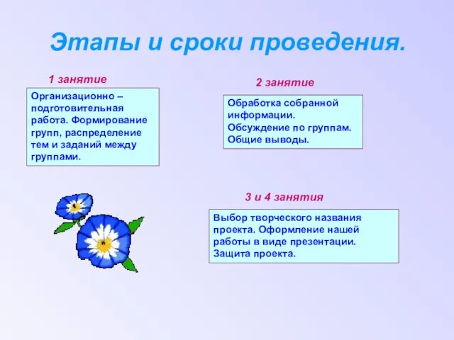 Этапы и сроки проведения. Организационно – подготовительная работа. Формирование групп, распределение тем