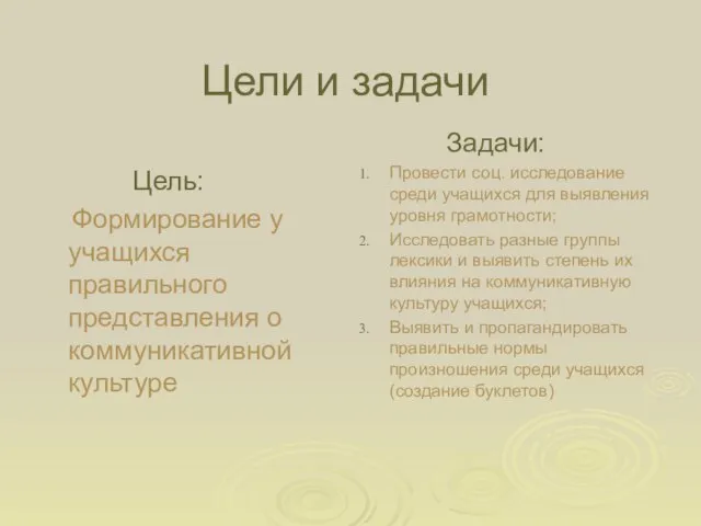 Цели и задачи Цель: Формирование у учащихся правильного представления о коммуникативной культуре