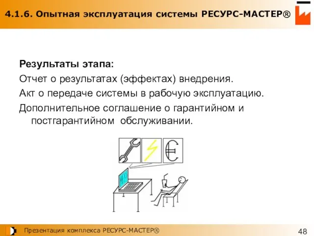 4.1.6. Опытная эксплуатация системы РЕСУРС-МАСТЕР® Результаты этапа: Отчет о результатах (эффектах) внедрения.