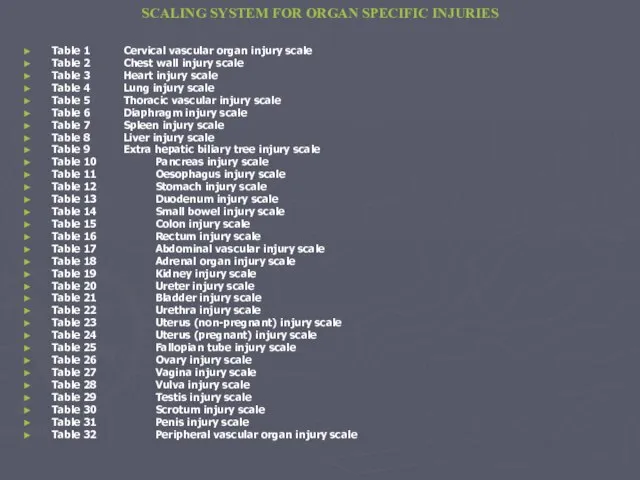 SCALING SYSTEM FOR ORGAN SPECIFIC INJURIES Table 1 Cervical vascular organ injury