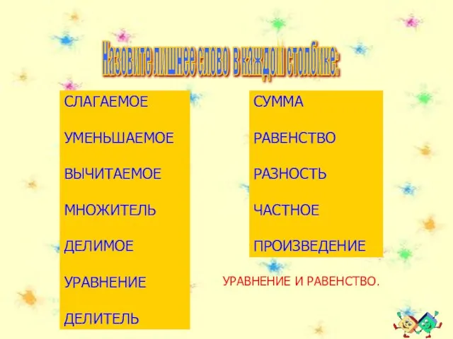 * Назовите лишнее слово в каждом столбике: СЛАГАЕМОЕ УМЕНЬШАЕМОЕ ВЫЧИТАЕМОЕ МНОЖИТЕЛЬ ДЕЛИМОЕ