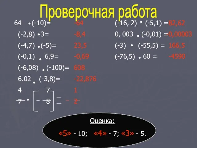 Проверочная работа (-10)= (-2,8) 3= (-4,7) (-5)= (-0,1) 6,9= (-6,08) (-100)= 6.02