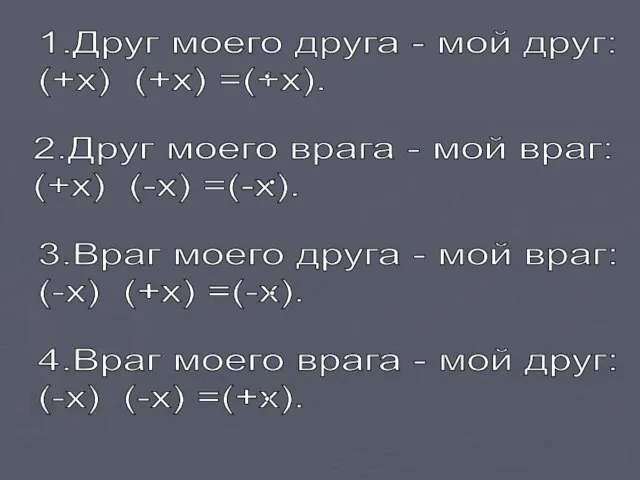 1.Друг моего друга - мой друг: (+х) (+х) =(+х). 2.Друг моего врага