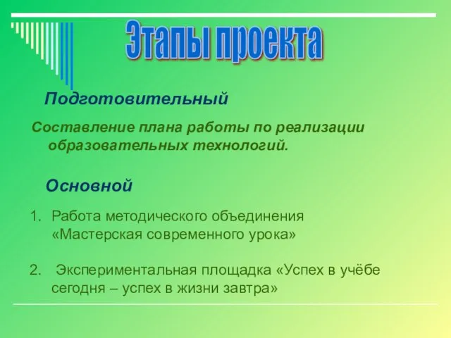 Этапы проекта Подготовительный Составление плана работы по реализации образовательных технологий. Основной Работа