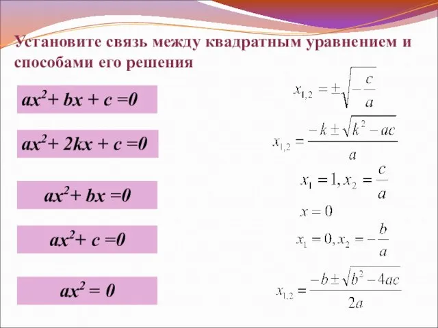 Установите связь между квадратным уравнением и способами его решения ax2+ bx +