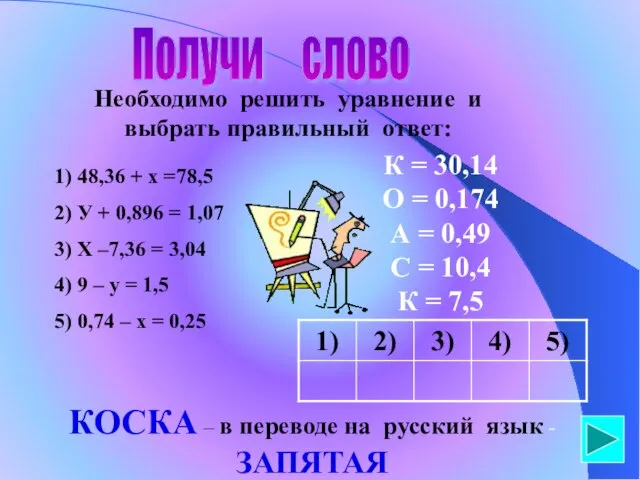 Получи слово Необходимо решить уравнение и выбрать правильный ответ: 1) 48,36 +