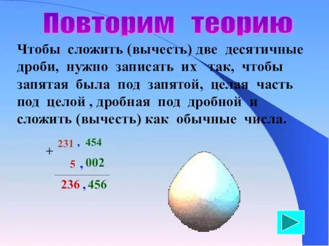 Повторим теорию Чтобы сложить (вычесть) две десятичные дроби, нужно записать их так,