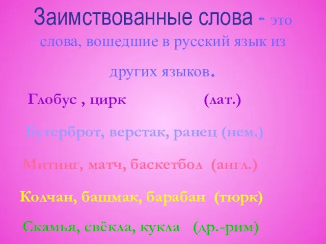 Заимствованные слова - это слова, вошедшие в русский язык из других языков.