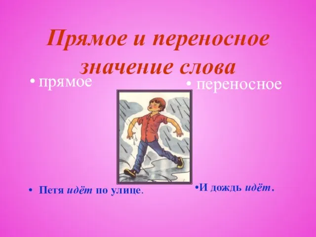 Прямое и переносное значение слова прямое Петя идёт по улице. переносное И дождь идёт.