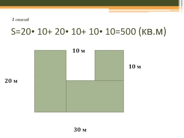 S=20• 10+ 20• 10+ 10• 10=500 (кв.м) 20 м 30 м 10