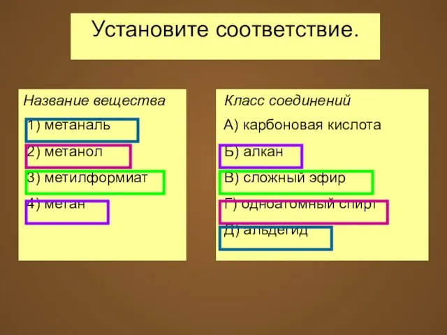 Установите соответствие. Название вещества 1) метаналь 2) метанол 3) метилформиат 4) метан