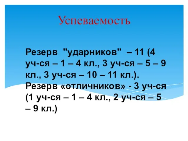 Успеваемость Резерв "ударников" – 11 (4 уч-ся – 1 – 4 кл.,