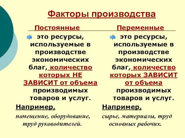 Факторы производства Постоянные это ресурсы, используемые в производстве экономических благ, количество которых