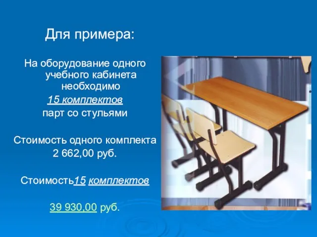 На оборудование одного учебного кабинета необходимо 15 комплектов парт со стульями Стоимость