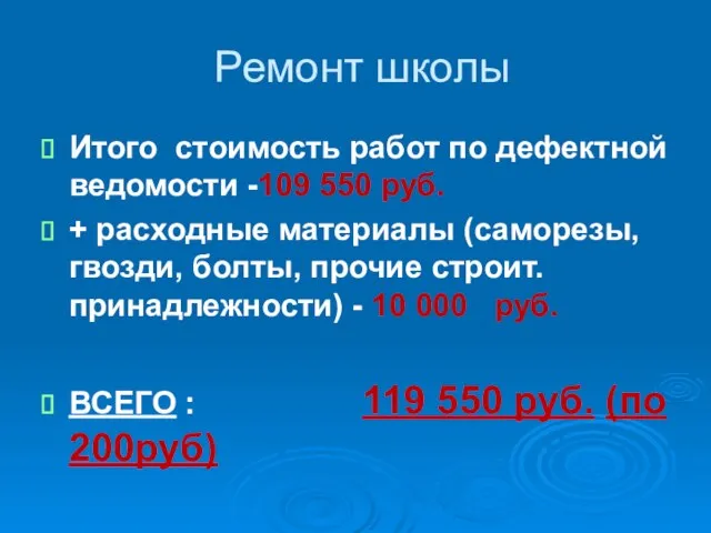 Ремонт школы Итого стоимость работ по дефектной ведомости -109 550 руб. +