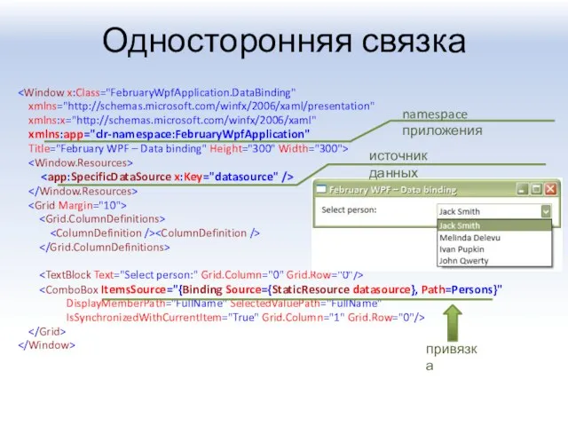 Односторонняя связка xmlns="http://schemas.microsoft.com/winfx/2006/xaml/presentation" xmlns:x="http://schemas.microsoft.com/winfx/2006/xaml" xmlns:app="clr-namespace:FebruaryWpfApplication" Title="February WPF – Data binding" Height="300" Width="300">