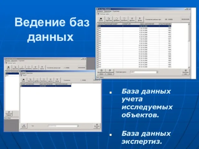 Ведение баз данных База данных учета исследуемых объектов. База данных экспертиз.