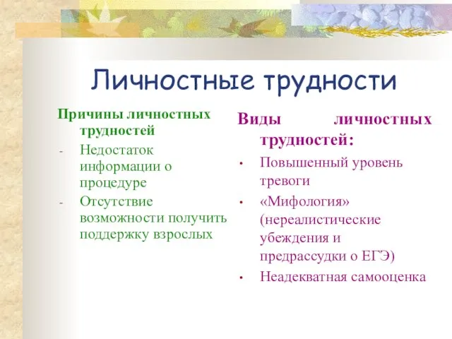 Личностные трудности Причины личностных трудностей Недостаток информации о процедуре Отсутствие возможности получить