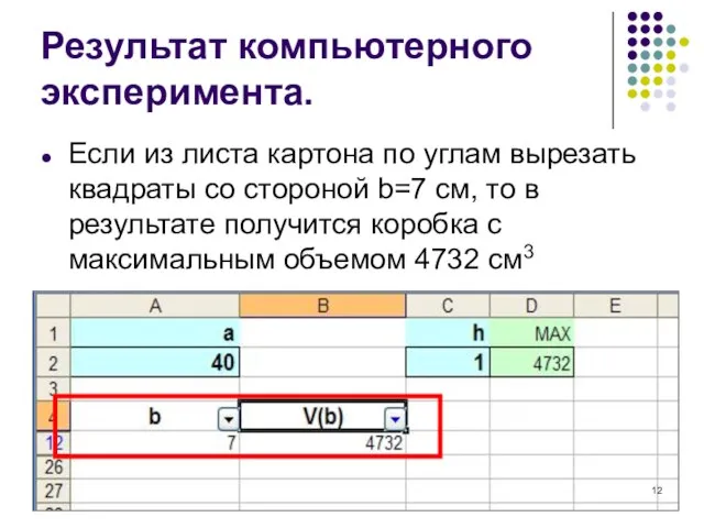 Если из листа картона по углам вырезать квадраты со стороной b=7 см,