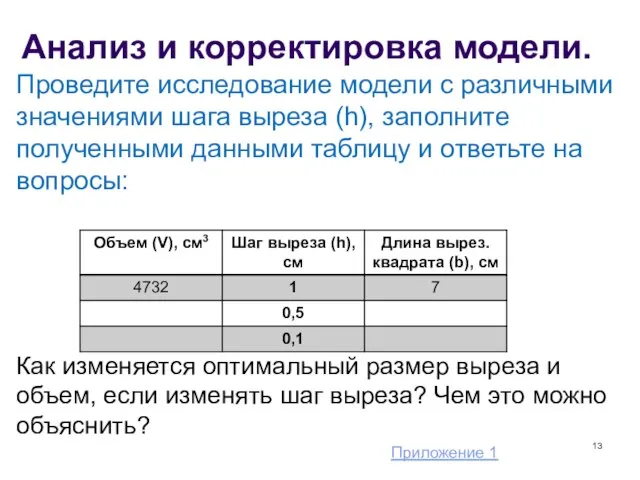 Анализ и корректировка модели. Проведите исследование модели с различными значениями шага выреза