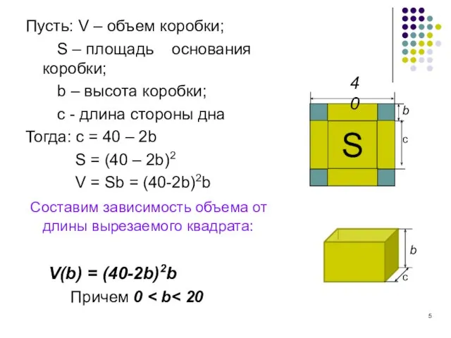 Пусть: V – объем коробки; S – площадь основания коробки; b –