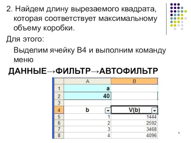 2. Найдем длину вырезаемого квадрата, которая соответствует максимальному объему коробки. Для этого: