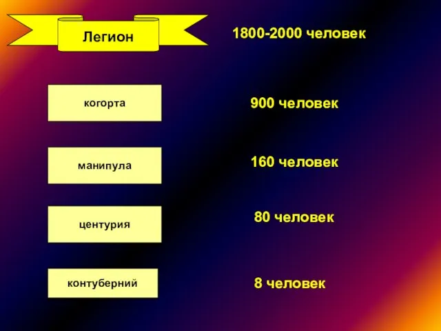 1800-2000 человек Легион когорта манипула центурия контуберний 900 человек 160 человек 80 человек 8 человек