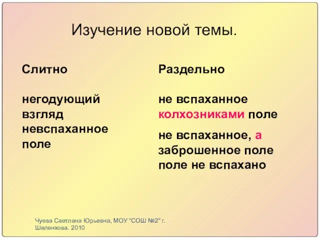 Изучение новой темы. Слитно негодующий взгляд невспаханное поле Раздельно не вспаханное колхозниками