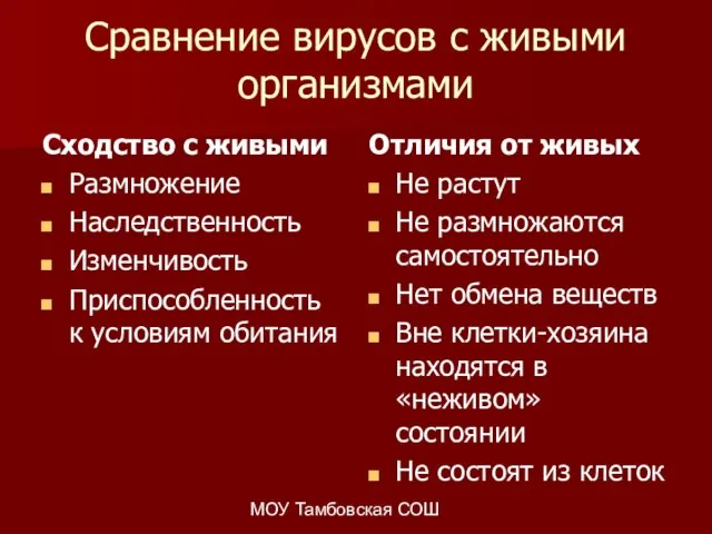 МОУ Тамбовская СОШ Сравнение вирусов с живыми организмами Сходство с живыми Размножение