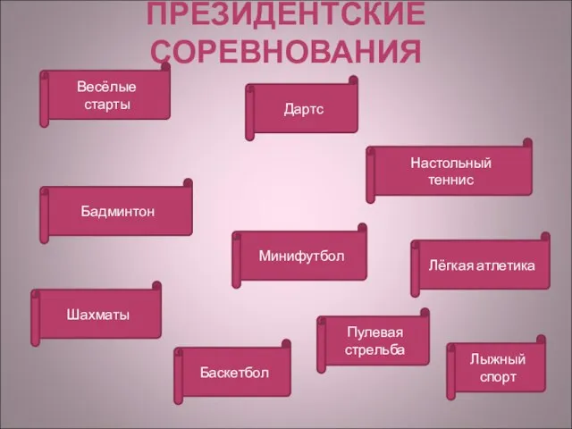 ПРЕЗИДЕНТСКИЕ СОРЕВНОВАНИЯ Весёлые старты Бадминтон Шахматы Баскетбол Пулевая стрельба Минифутбол Дартс Настольный