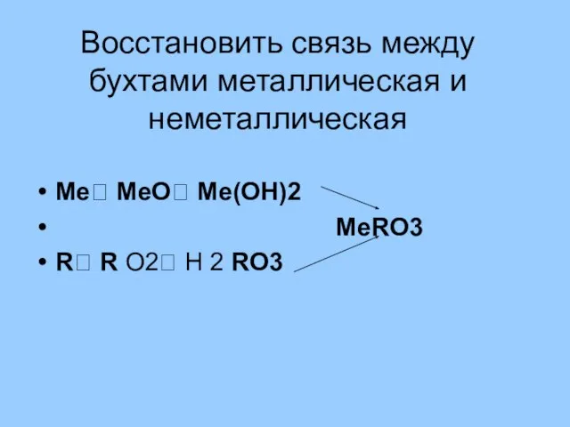 Восстановить связь между бухтами металлическая и неметаллическая Ме? МеО? Ме(ОН)2 МеRO3 R?