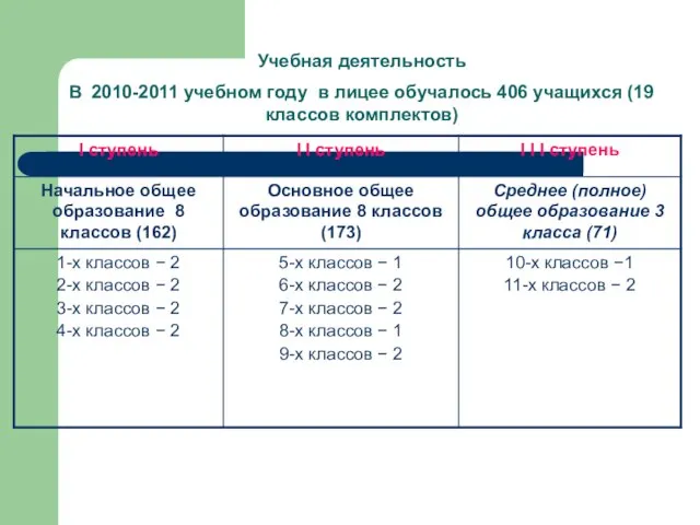 Учебная деятельность В 2010-2011 учебном году в лицее обучалось 406 учащихся (19 классов комплектов)